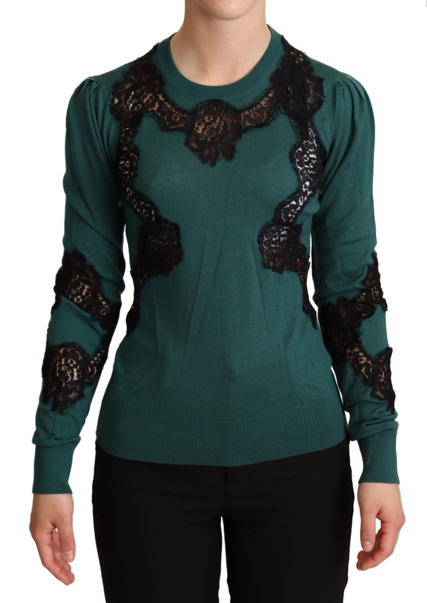  - Elegant Green Pullover with Black Lace Detail