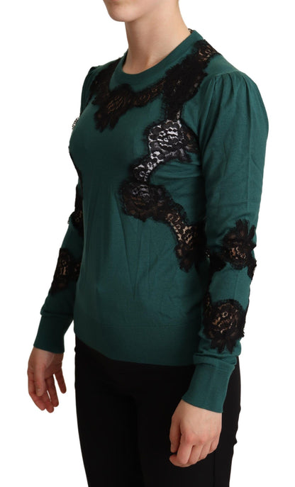  - Elegant Green Pullover with Black Lace Detail