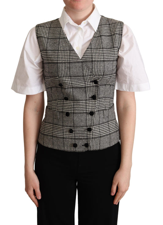  - Elegant Checkered Gray Silk Blend Vest