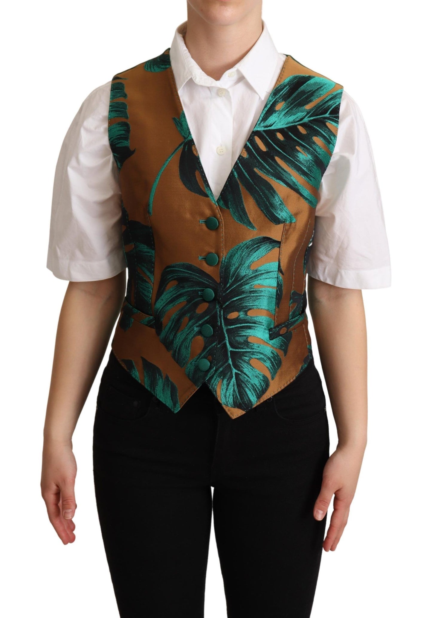  - Elegant Green Leaf Print Waistcoat