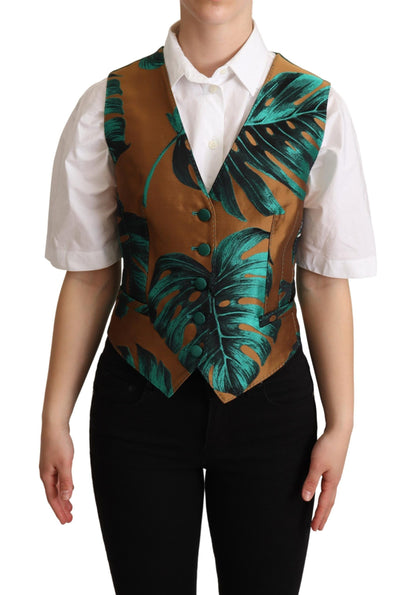  - Elegant Green Leaf Print Waistcoat