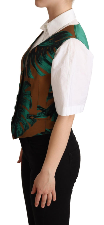  - Elegant Green Leaf Print Waistcoat