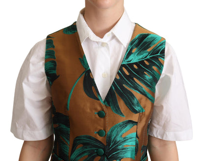  - Elegant Green Leaf Print Waistcoat