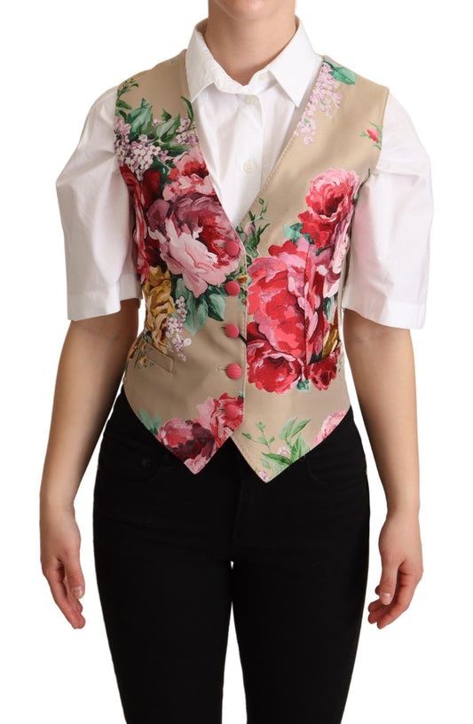  - Elegant Floral Beige Sleeveless Vest