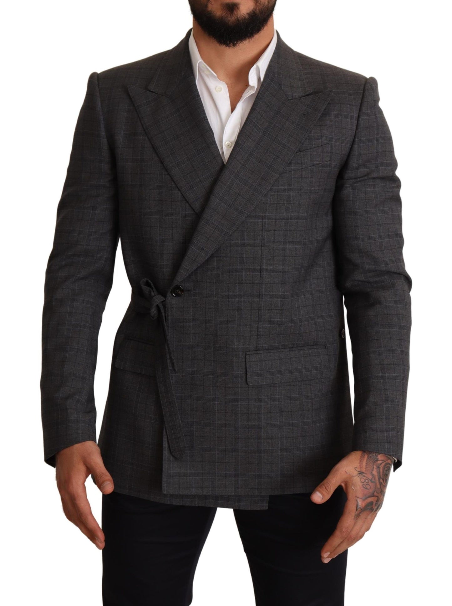  - Chic Gray Check Martini Slim Fit Double-Breasted Blazer