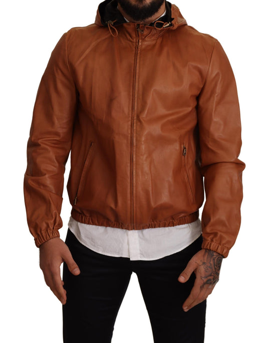  - Elegant Brown Leather Bomber Jacket