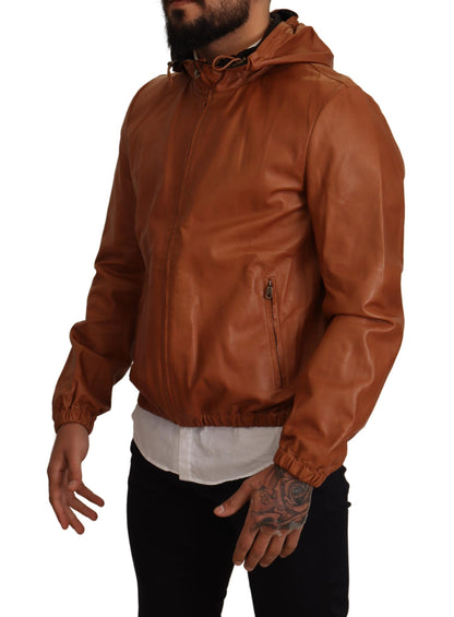  - Elegant Brown Leather Bomber Jacket