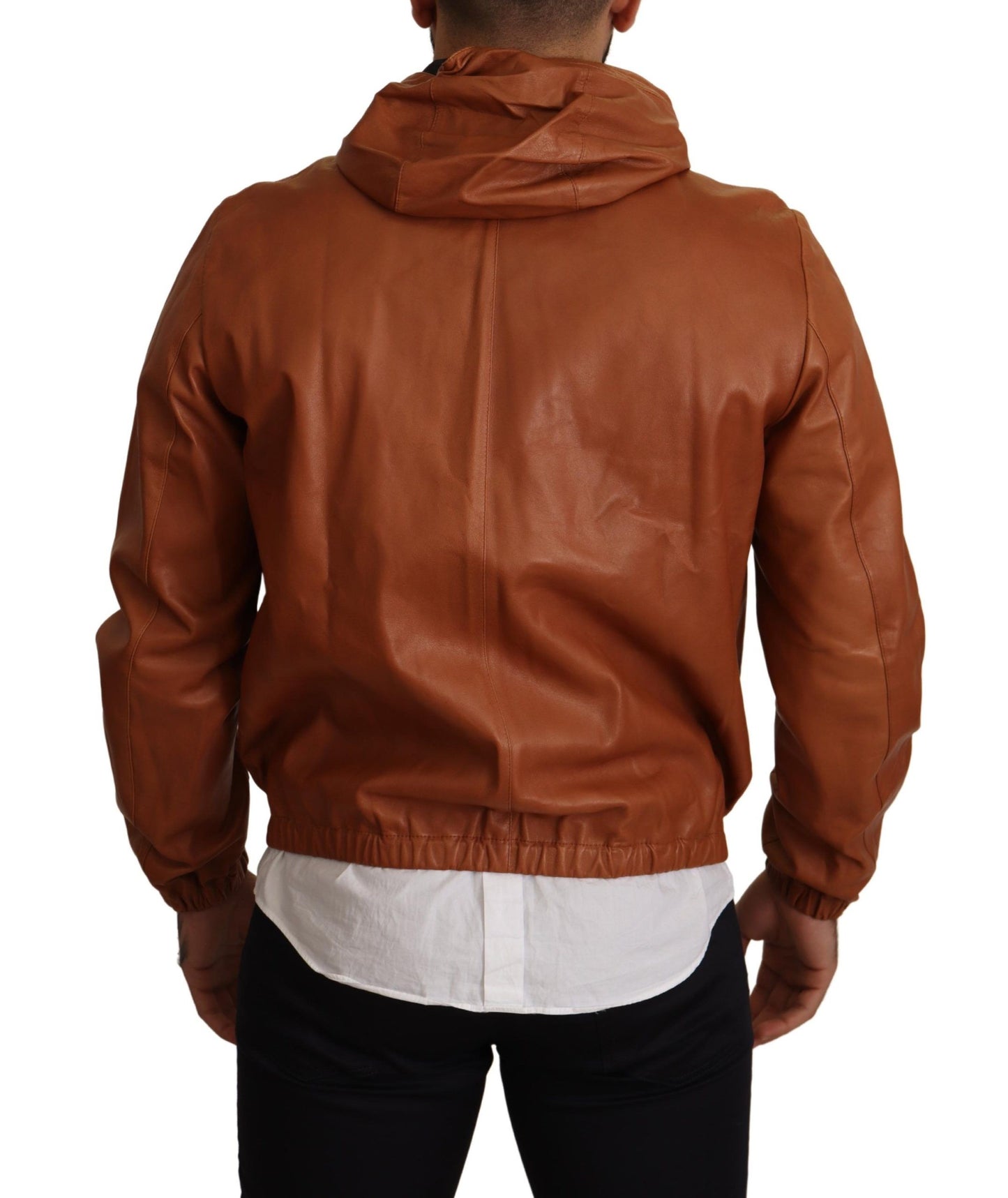  - Elegant Brown Leather Bomber Jacket