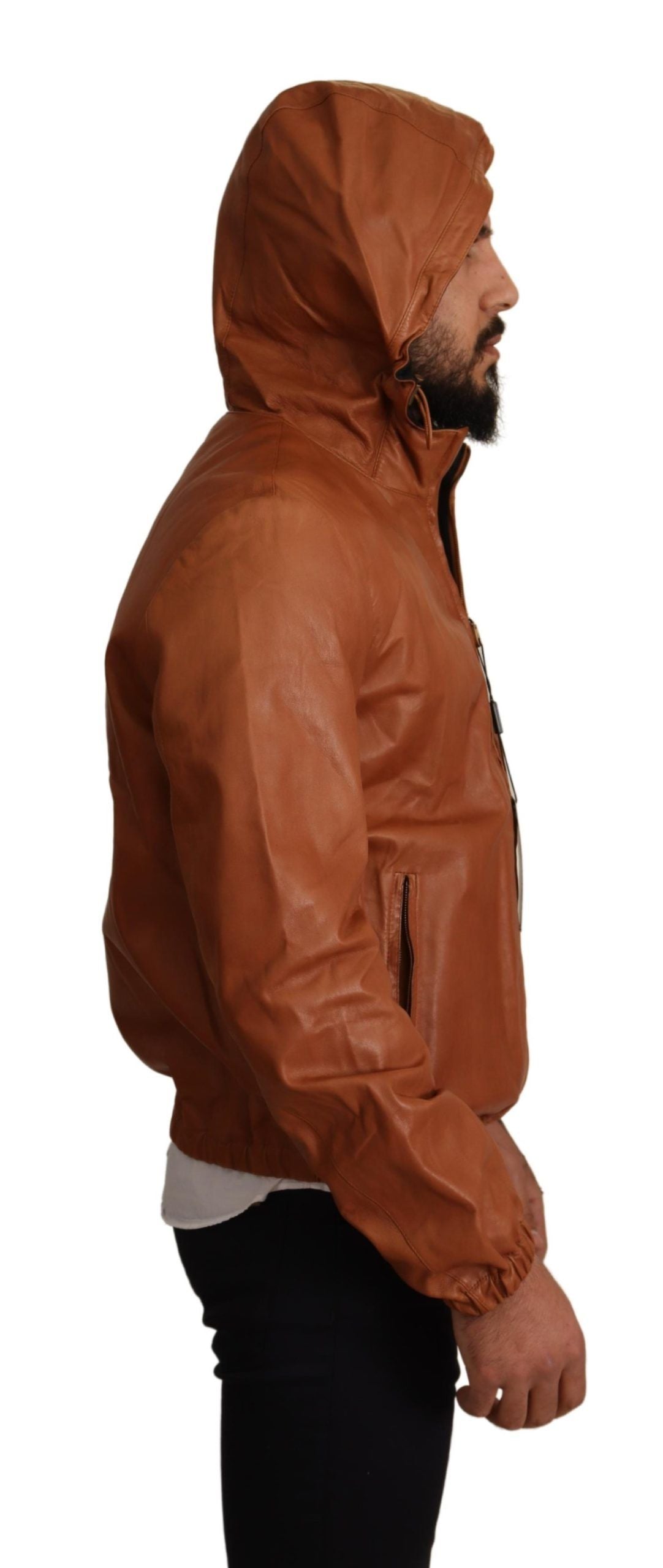  - Elegant Brown Leather Bomber Jacket