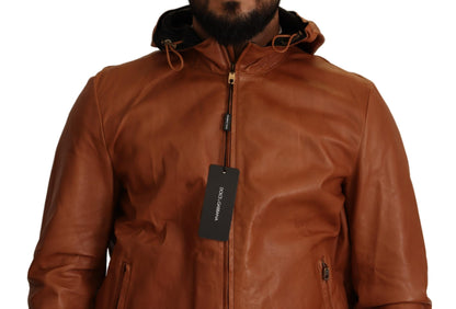  - Elegant Brown Leather Bomber Jacket