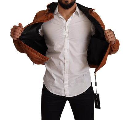  - Elegant Brown Leather Bomber Jacket