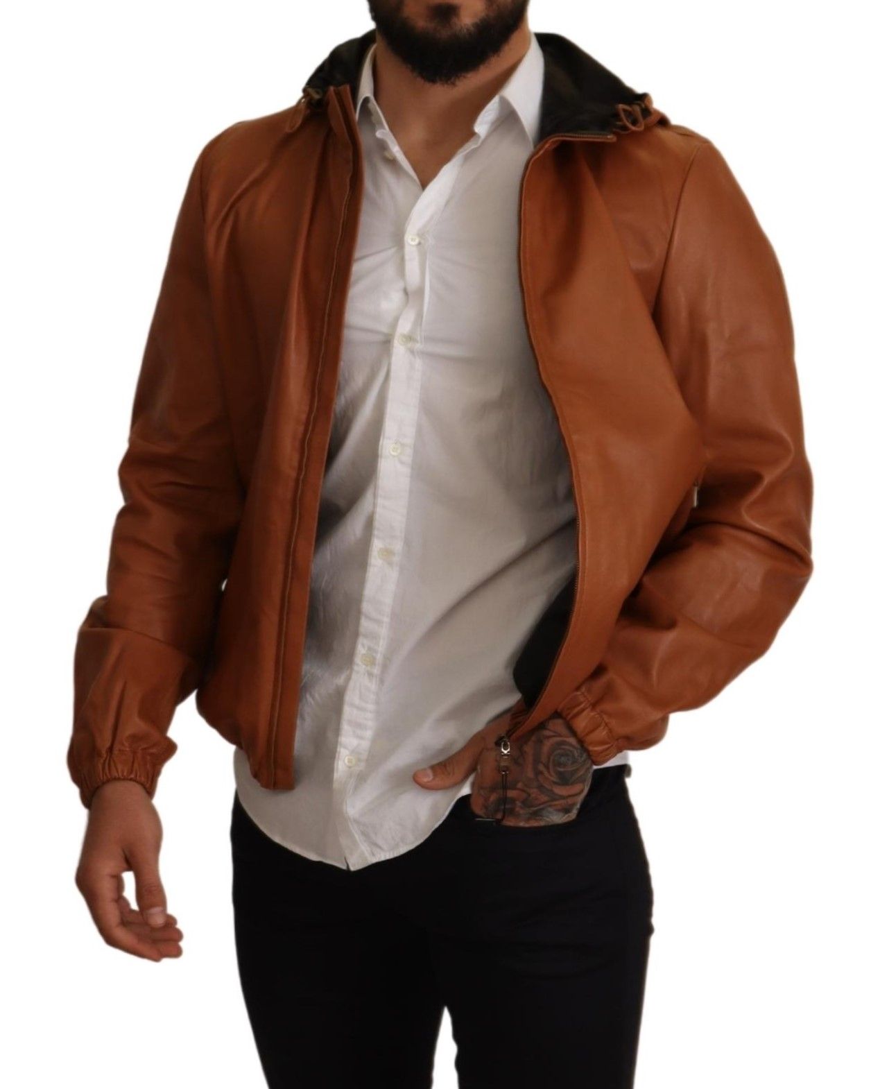  - Elegant Brown Leather Bomber Jacket