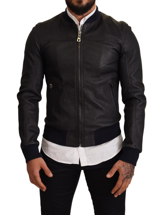  - Elegant Leather Bomber Jacket in Dark Blue