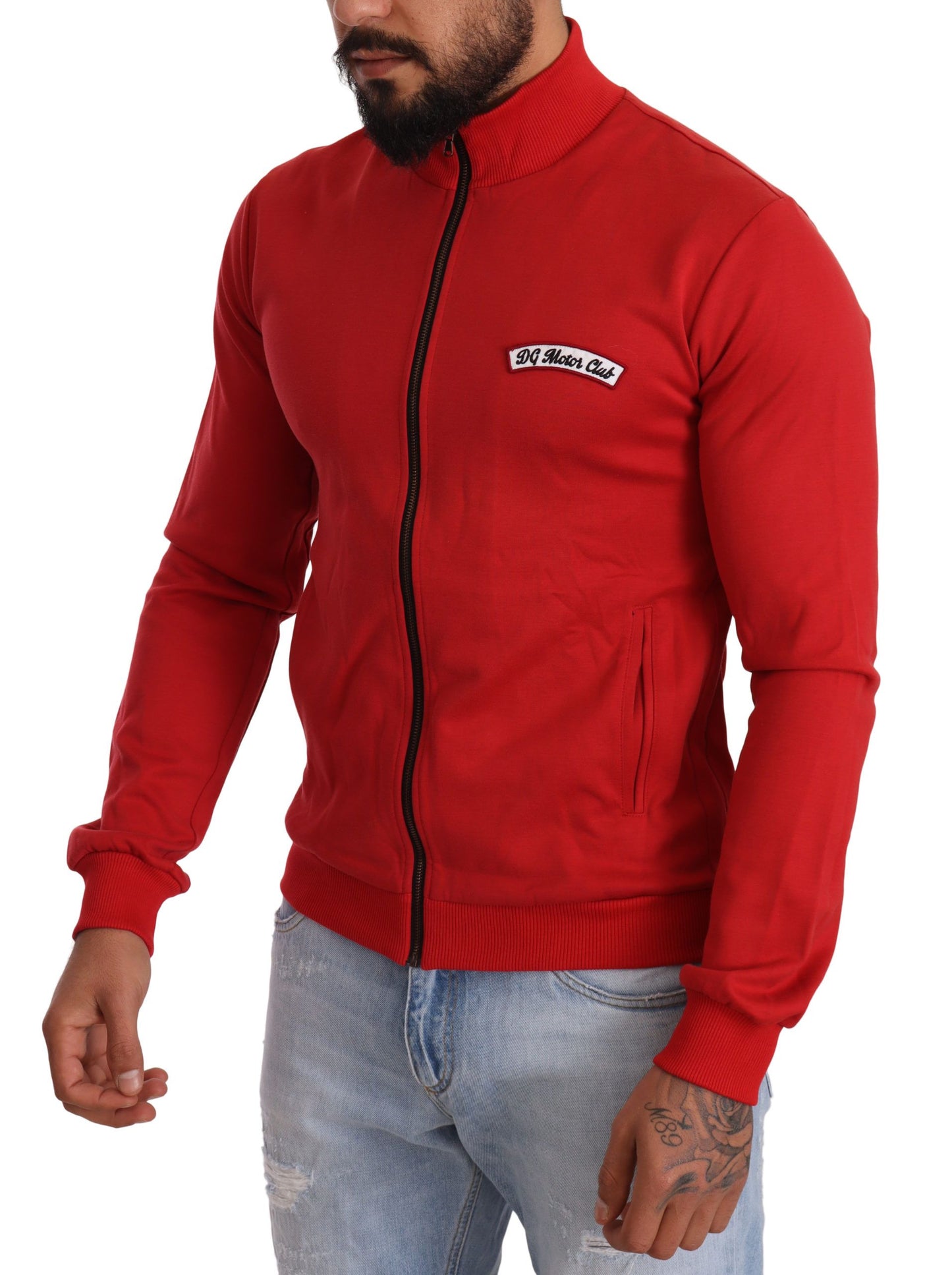  - Elegant Red Full Zip Sweater with DG Motor Club Motif