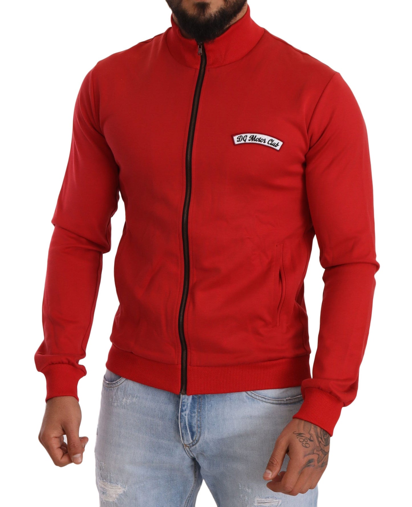  - Elegant Red Full Zip Sweater with DG Motor Club Motif