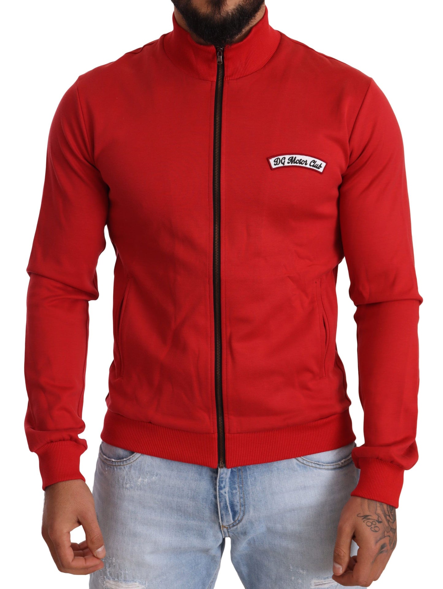  - Elegant Red Full Zip Sweater with DG Motor Club Motif