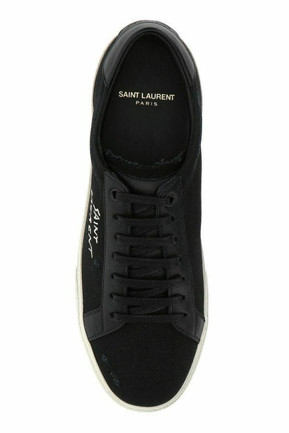  - Sleek Black Canvas & Leather Low-Top Sneakers