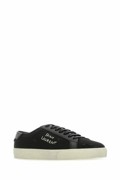  - Sleek Black Canvas & Leather Low-Top Sneakers