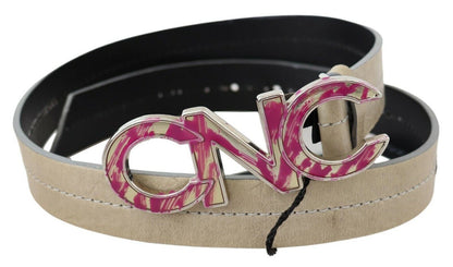  - Beige Leather Fashion Belt with Logo Detail