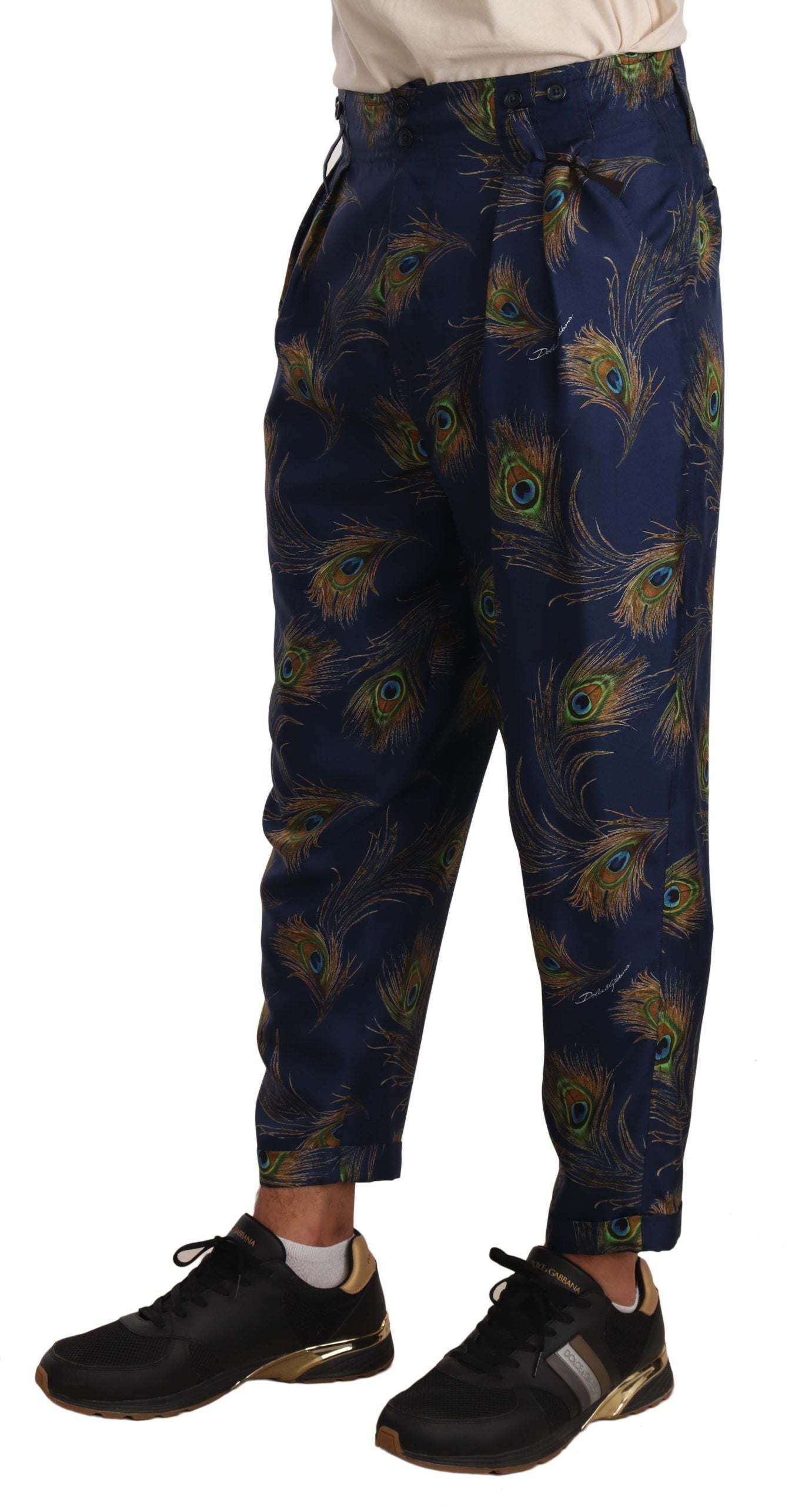  - Exquisite Peacock Print Silk Trousers