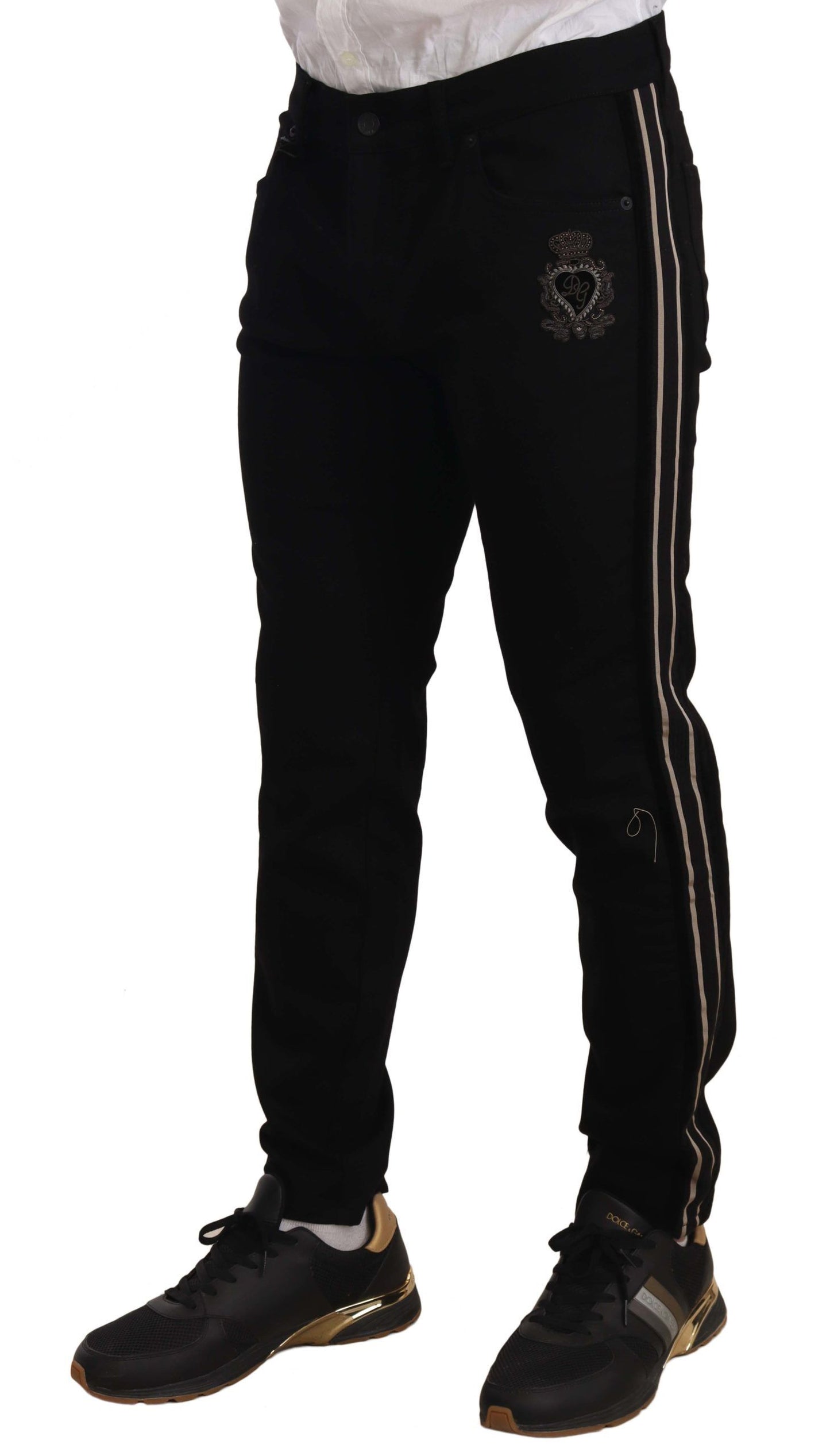  - Heraldic Embroidered Slim Fit Black Jeans