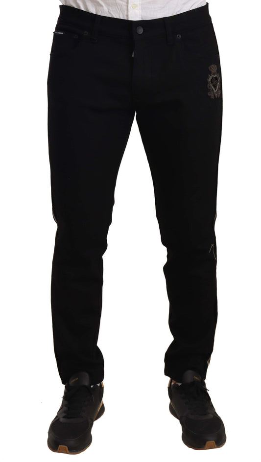  - Heraldic Embroidered Slim Fit Black Jeans