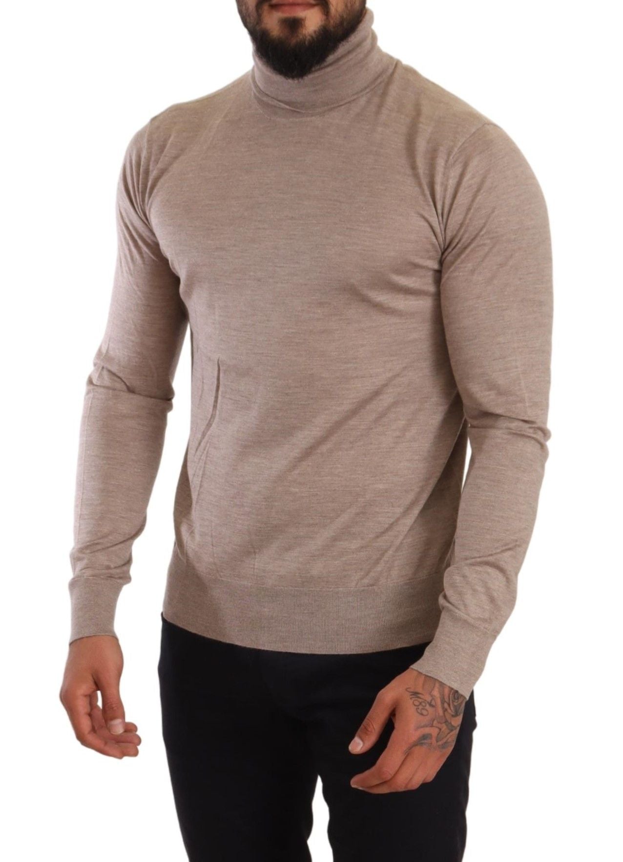  - Beige Turtleneck Cashmere-Silk Blend Sweater