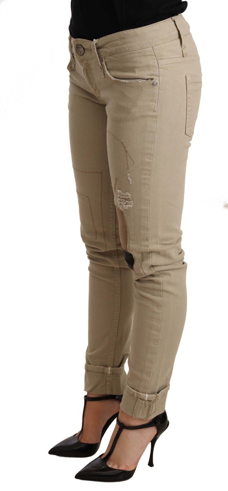  - Beige Cotton Slim Fit Chic Jeans