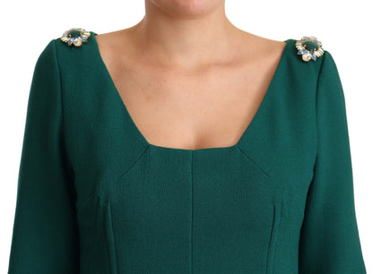  - Emerald Green Midi Sheath Dress with Crystal Brooch