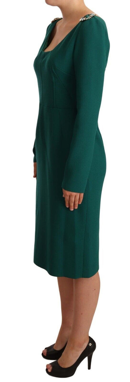  - Emerald Green Midi Sheath Dress with Crystal Brooch