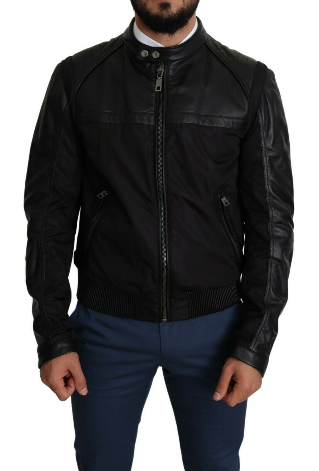  - Elegant Black Bomber with Leather Accents