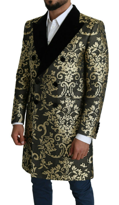  - Gold Black Sicilia Jacquard Double-Breasted Coat