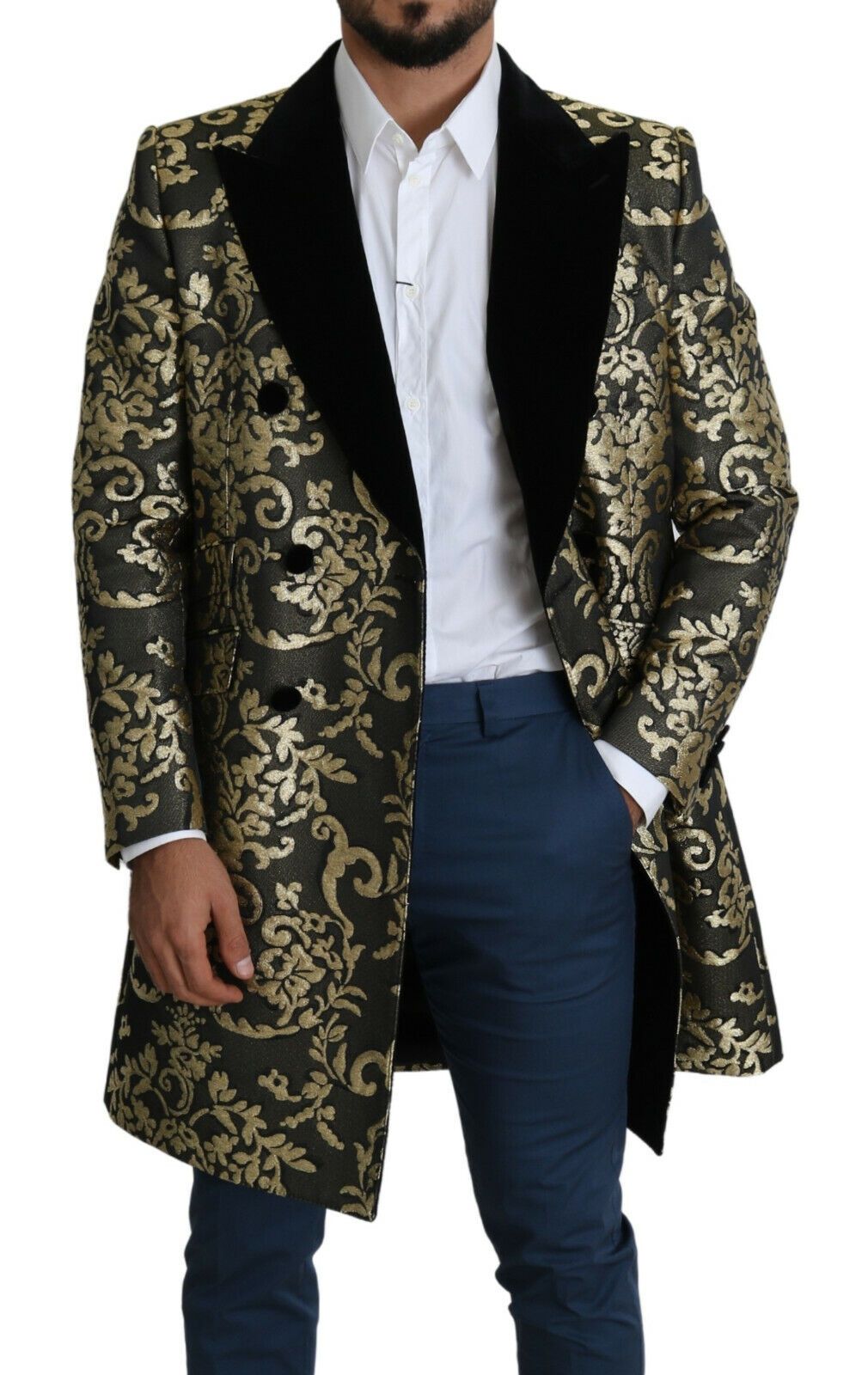  - Gold Black Sicilia Jacquard Double-Breasted Coat