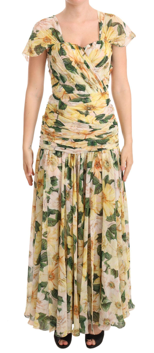  - Floral Elegance Silk Pleated Maxi Dress