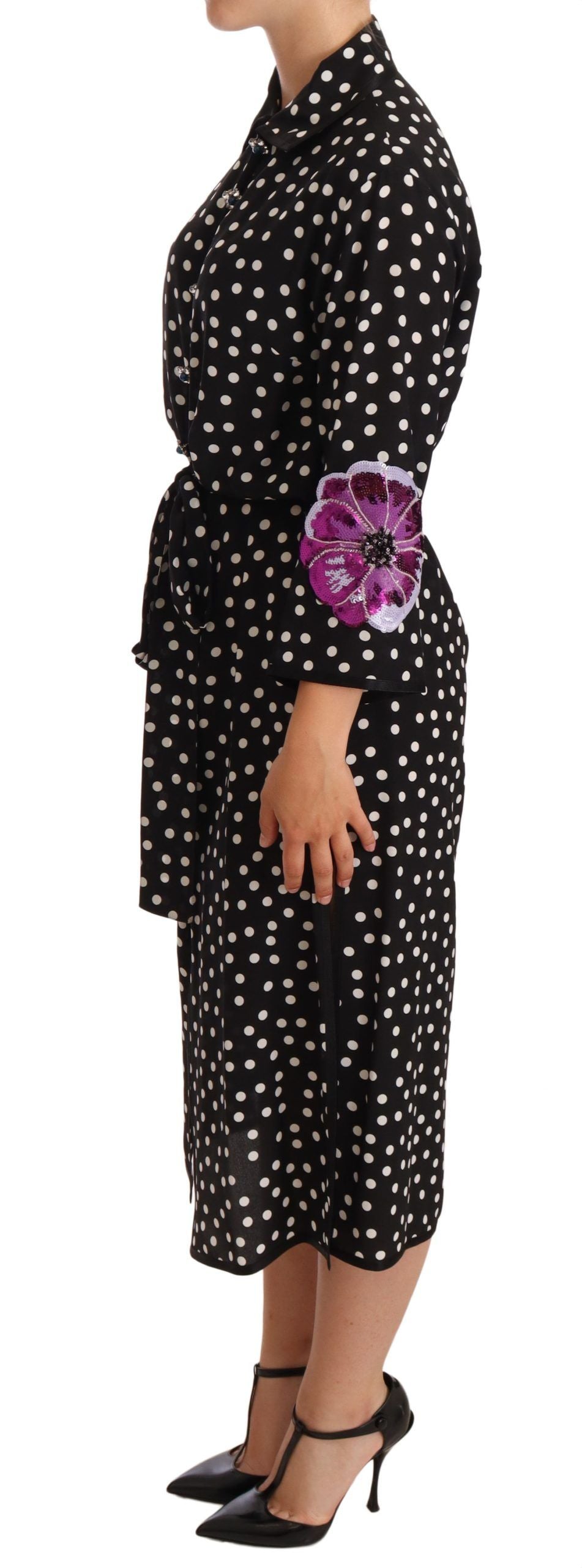  - Elegant Silk Polka Dot Sequin Midi Dress