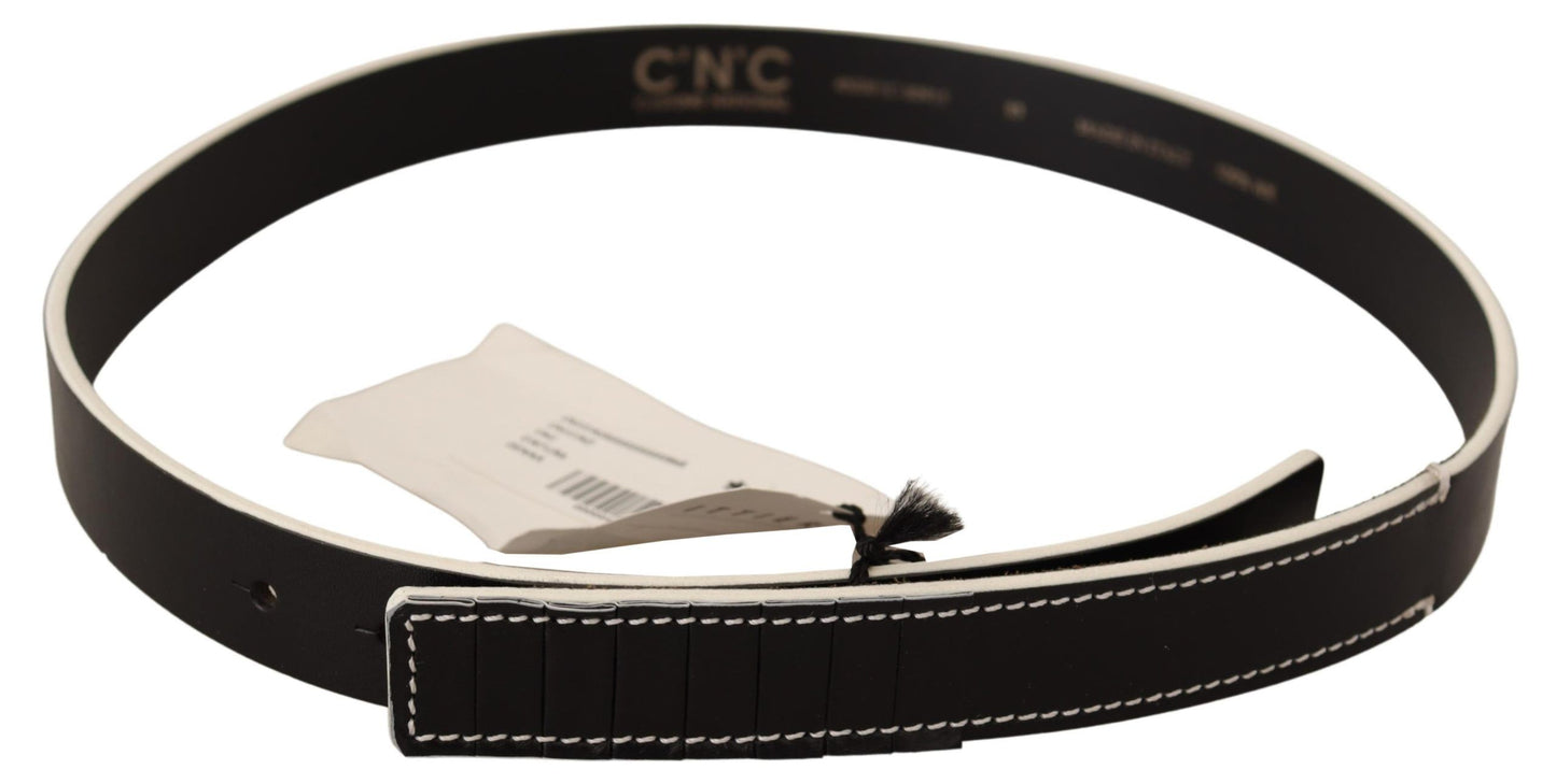  - Chic Black Leather Fashion Belt with White Accents