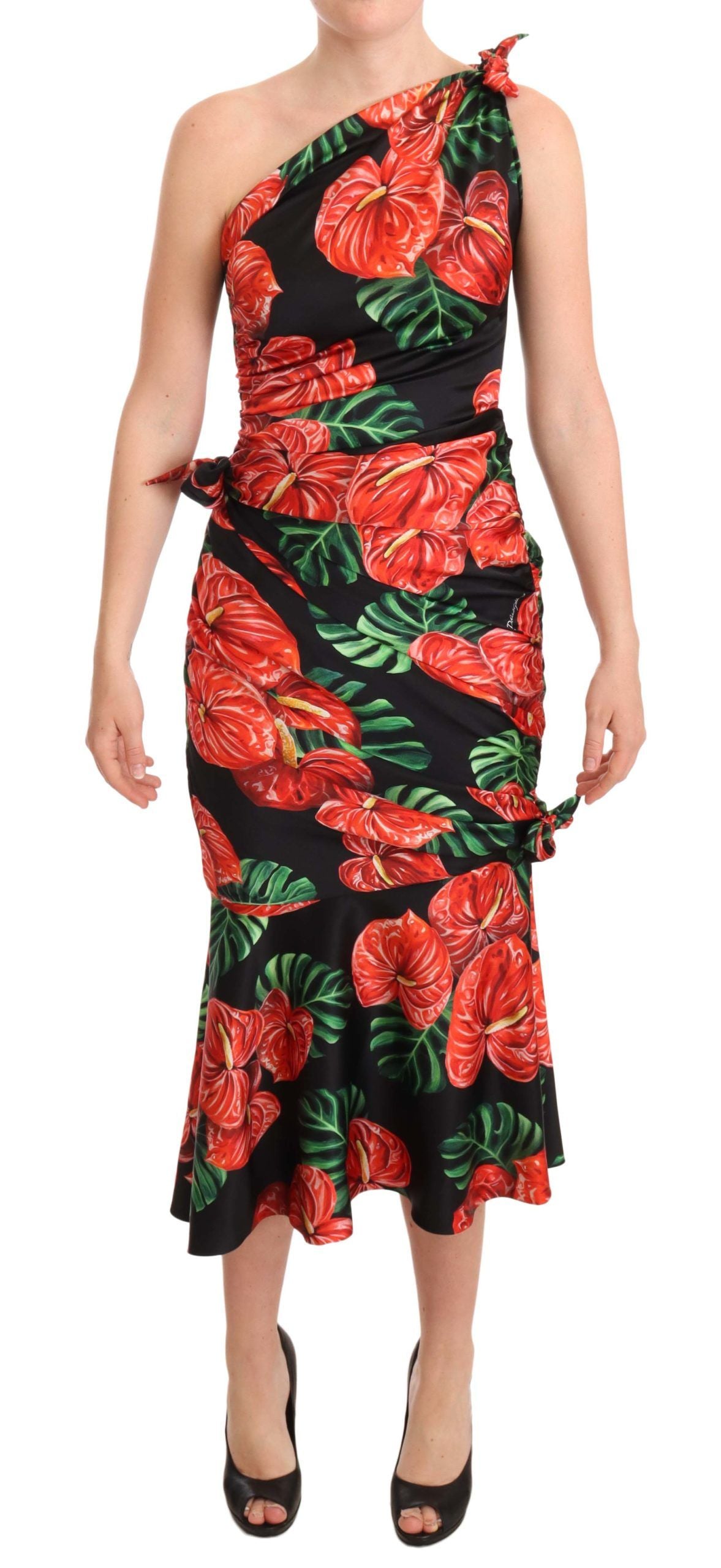  - Elegant Floral Silk Draped Dress