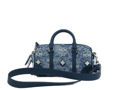  - Boston Mini Blue Vintage Jacquard Logo Fabric Satchel Crossbody Handbag