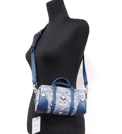  - Boston Mini Blue Vintage Jacquard Logo Fabric Satchel Crossbody Handbag