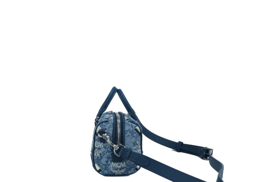  - Boston Mini Blue Vintage Jacquard Logo Fabric Satchel Crossbody Handbag