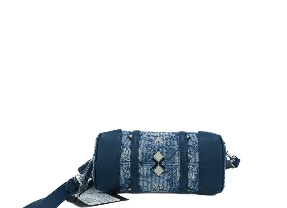  - Boston Mini Blue Vintage Jacquard Logo Fabric Satchel Crossbody Handbag