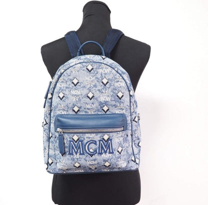  - Stark Small Blue Vintage Jacquard Monogram Logo Fabric Backpack Bookbag