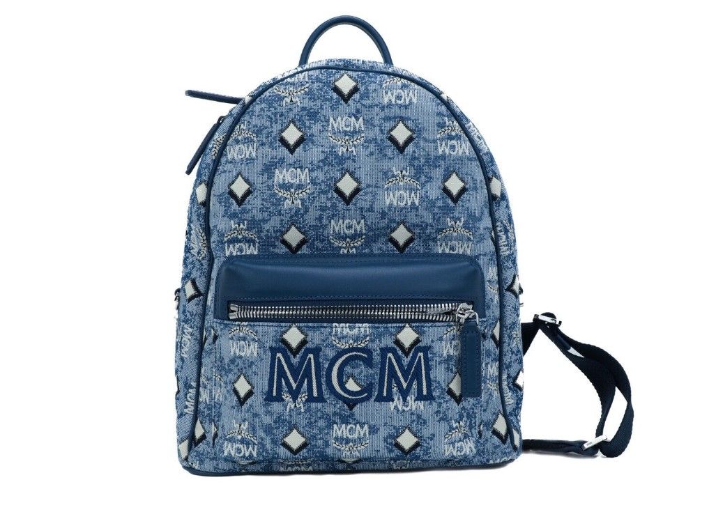 MCM Small Blue Vintage Jacquard Monogram Logo Fabric Backpack