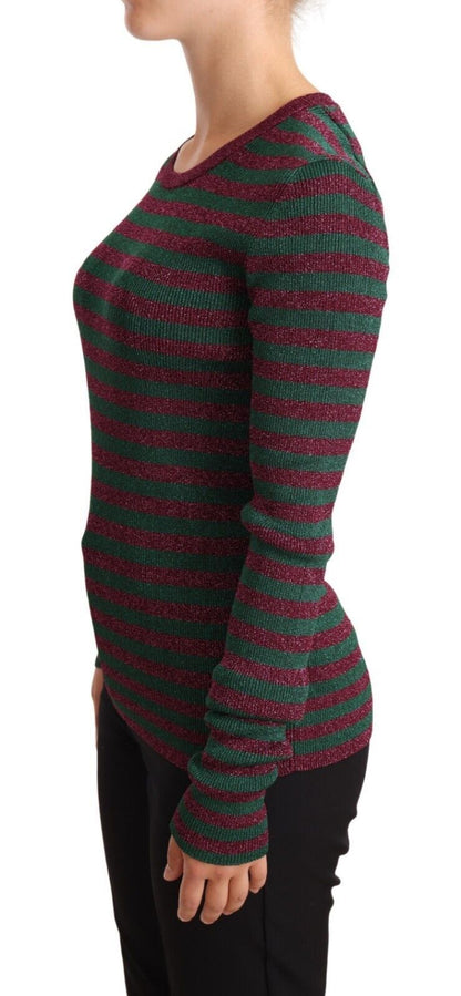  - Elegant Maroon and Green Striped Crewneck Sweater