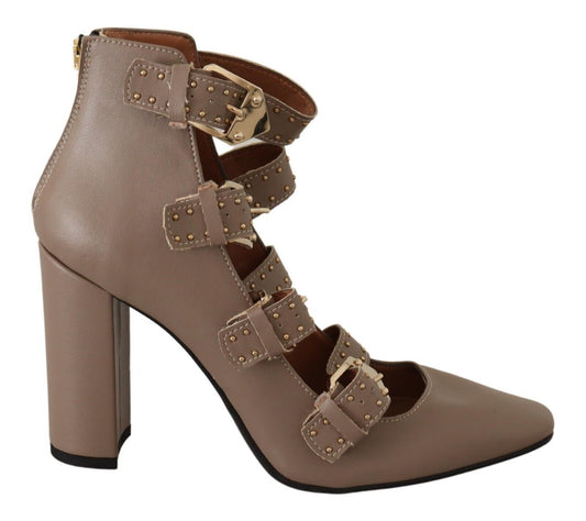  - Elegant Leather Multi-Buckle Heels in Brown