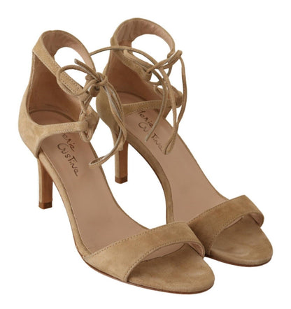  - Elegant Beige Suede Ankle Strap Heels