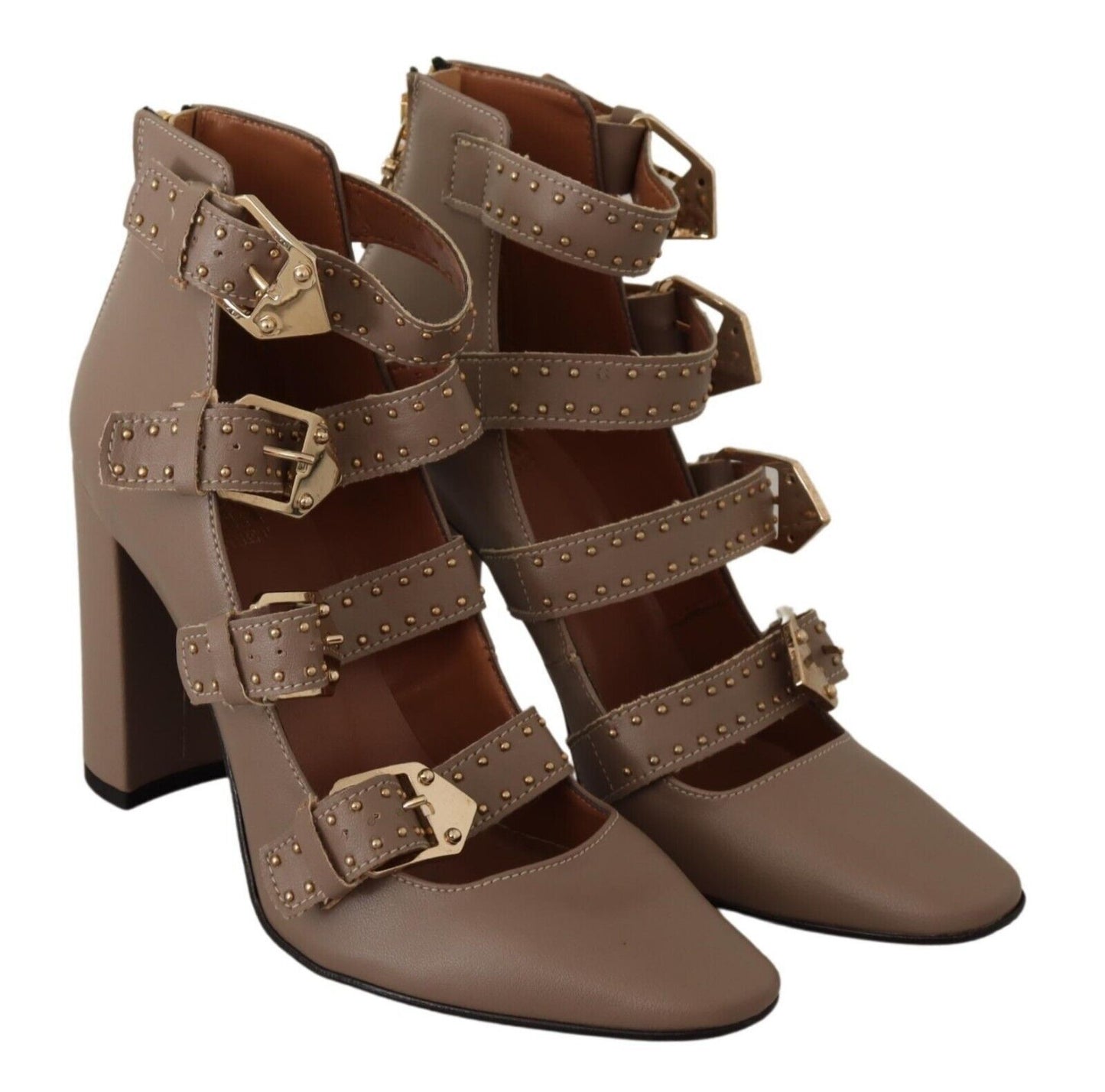  - Elegant Leather Multi-Buckle Heels in Brown