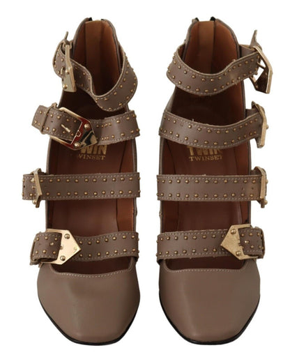  - Elegant Leather Multi-Buckle Heels in Brown