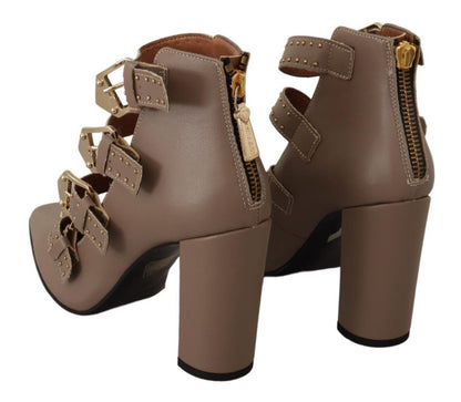  - Elegant Leather Multi-Buckle Heels in Brown