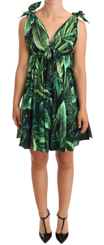  - Elegant Flared Mini A-Line Dress in Green Leaf Print